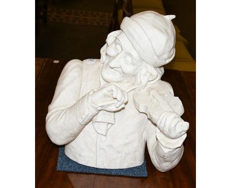 An early 20th century carved white marble head and shoulder portrait bust of a man playing a fiddle, 39cm high 