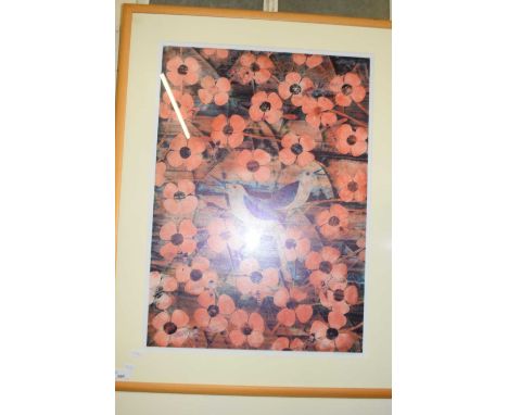R NEWBY, COLOURED PRINT, BIRDS AMONGST BLOSSOM, F/G