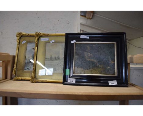 THREE SMALL WATERCOLOUR STUDIES - BROADLAND SCENES, TOGETHER WITH A FURTHER OLEOGRAPH PRINT (4)