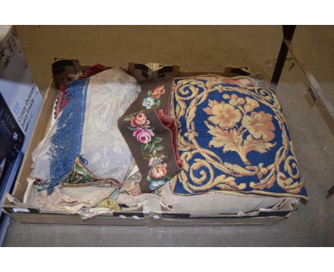 BOX OF VARIOUS TAPESTRY PANELS, FABRICS, CUSHIONS ETC