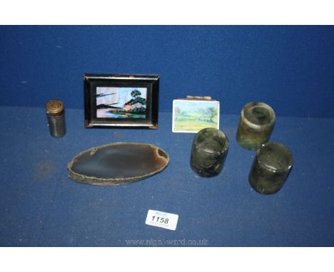 Three jade pots, polished agate, butterfly wing picture and a miniature dolls house watercolour etc.