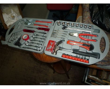 A plastic cased tool set including a pipe wrench, 6 metric combination spanners, 2 screwdrivers, 3/8" drive sockets and ratch