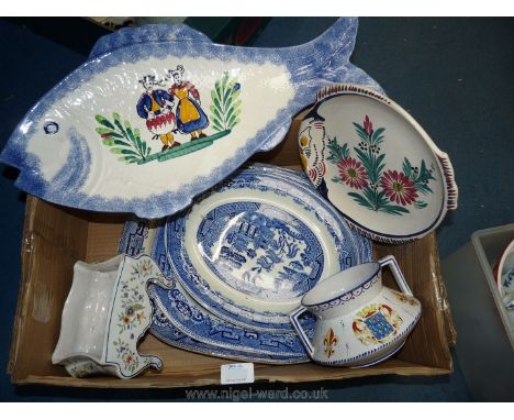 A Quimper fish plate, St. Brieuc fish plate, three willow meat plates, Montargis pot, etc.