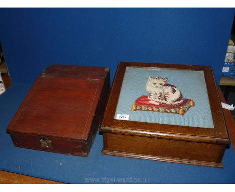 An embroidered cat on a cushion panel topped Box plus a desk tidy box.