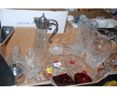 A quantity of glass including Edinburgh crystal vase, (small chip to rim), bud vases, baskets, ashtray, Claret Jug with metal