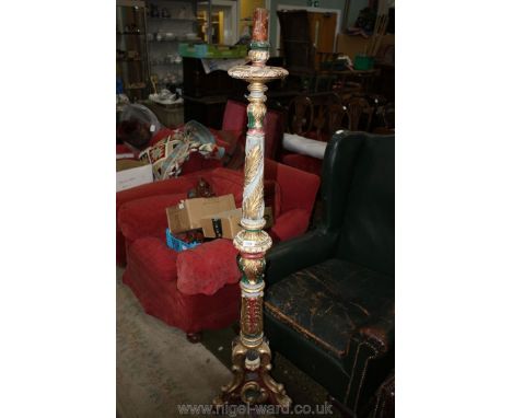 An unusual turned and carved and painted and sided floor standing Candlestick style Standard Lamp decorated with foliage and 