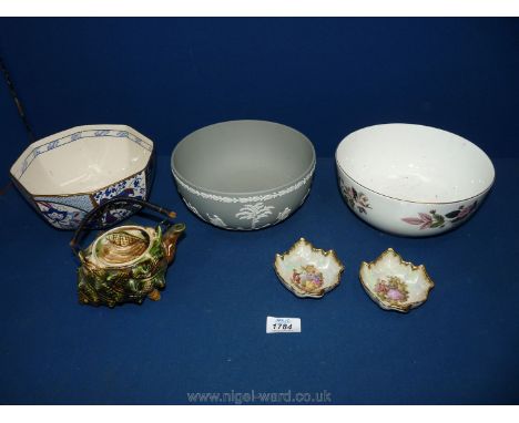 A quantity of china including Mason's blue/gold bowl, Wedgwood Hathaway, grey Jasperware Shell teapot, etc.