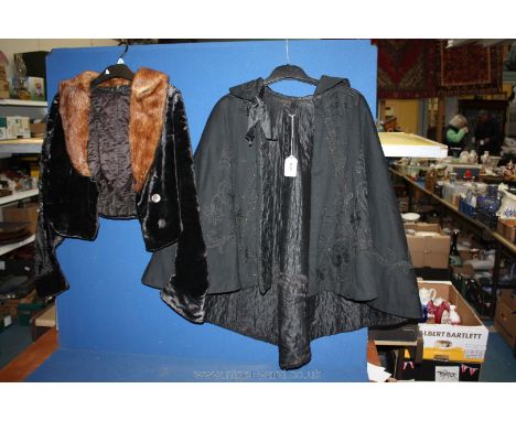 A Victorian black beaded, quilt lined Cape along with a short black velvet Jacket with brown fur collar.