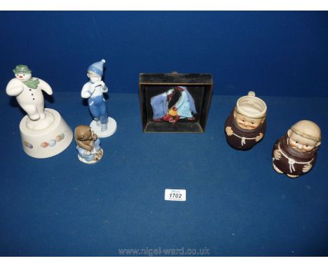 A German figure of a young boy playing a Harmonica, a Goebel Monk money box and a Monk mug, the top of the Royal Doulton 'The