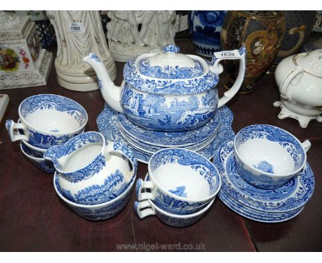 A Spode 'Italian' pattern blue and white part Teaset to include large teapot (2 pint) six cups, saucers, tea plates, milk jug