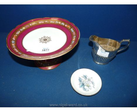 A Tazza with burgundy and floral rim, a Royal Worcester pin dish and a silver plated cream jug.