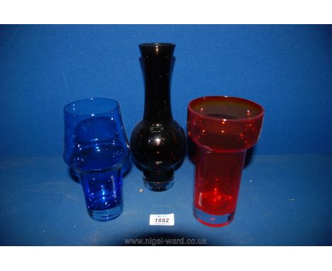 A trio of Ruhimaki glass Vases;  red 7 1/4" tall, blue 7 1/8" tall and a light brown bulbous vase 10" tall (small blemish to 