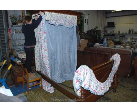A bed Canopy, lined and interlined, pencil heading and having a pale blue moire pattern fabric inner and pinks and grey ribbo