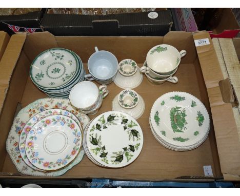 A box of Copeland Spode china designs to include Audley, Gloucester and Grosvenor together with a Tudor Rose teaset, Coalport