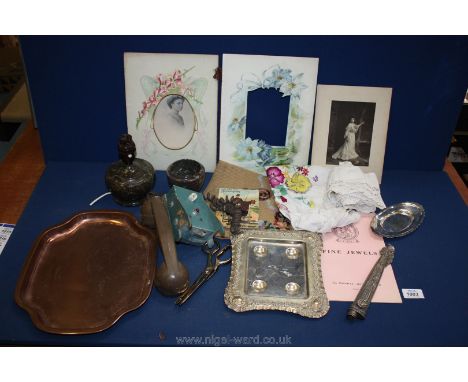 A box containing marble serpentine lamp and matching container, vintage intercom and other items.