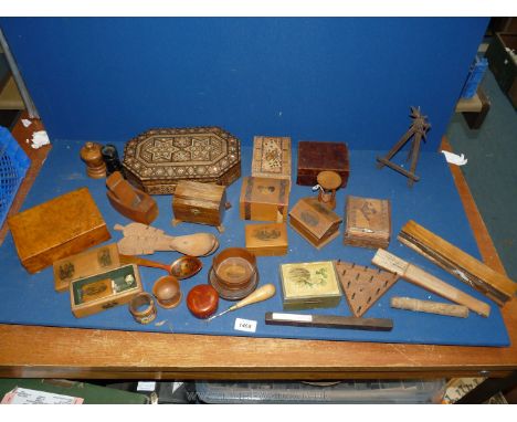 A quantity of treen mostly boxes including Tunbridge ware, a small match holder, egg timer and a small rosewood treen spirit 