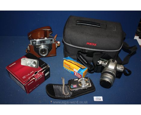 A quantity of cameras including a Casio Exilim Ex-510, Pentax MZ-50, and Pentax bag, an Agfa Silette record 35mm camera.