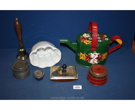 A quantity of miscellanea including kitchen timer, pewter inkwell, blotter, jelly mould, bell, painted watering can, etc.