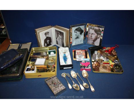 A box of miscellanea to include novelty lighter, photos frames, ashtray, small pen knife, Calibri lighter, silver and plated 