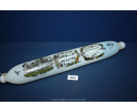 A milk glass Rolling Pin decorated 'Love and be happy', paint slightly worn.