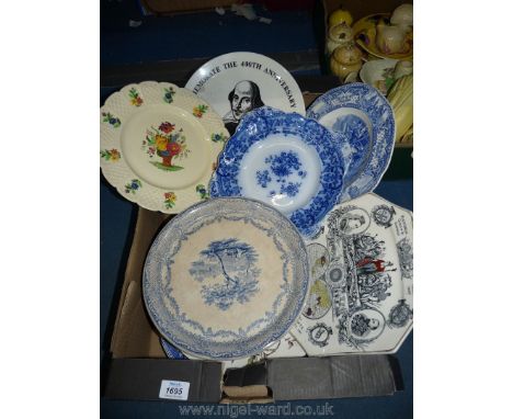 A quantity of blue and white plus other plates including Mason's tea plate, Crown Ducal 1887 Jubilee year plate, Coalport, et