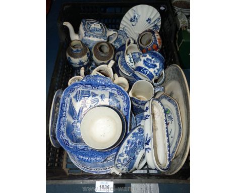 A large quantity of blue and white china including Copeland Spode trinket dish, George Jones bowl, Wedgwood tureen (lid missi
