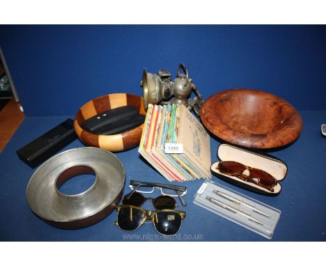An old bicycle Lamp and two wooden Bowls, etc.