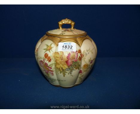 A Royal Worcester pumpkin shaped, floral decorated lidded Pot, a/f 