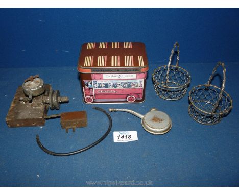 A miniature two smoke Engine and fuel tank, plus Silver jubilee tin and two small wire baskets, etc.