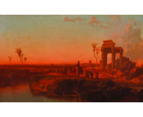 A… G… (19th Century) Continental.An Eastern Scene at Sunset, with Figures and Camels, Oil on Panel, Signed with Initials, 9.5