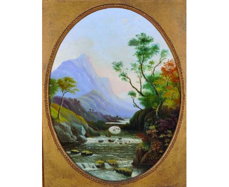 R… M… J… (19th Century) British.A Mountainous River Landscape, Oil on Canvas, Signed with Initials and Dated 1880, 15” x 11.5