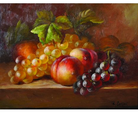 R… Casper (20th Century).Still Life of Peaches and Grapes, Oil on Panel, Signed, 8” x 10”.  