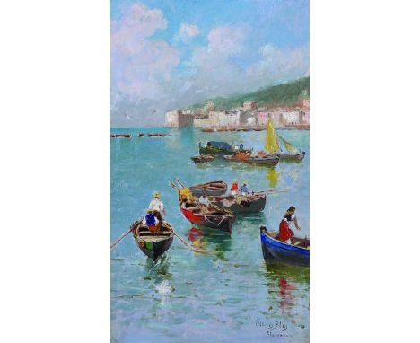 Blas Olleros Y Quintana (1851-1919) Spanish.‘Florencia’, a Neapolitan Coastal Scene with Figures in Boats, Oil on Panel, Sign