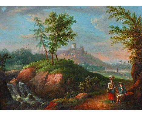 Manner of Paul Bril (1554-1626) Dutch.A Classical Landscape, with Figures in the foreground, Oil on Panel, 4” x 5.25”.  