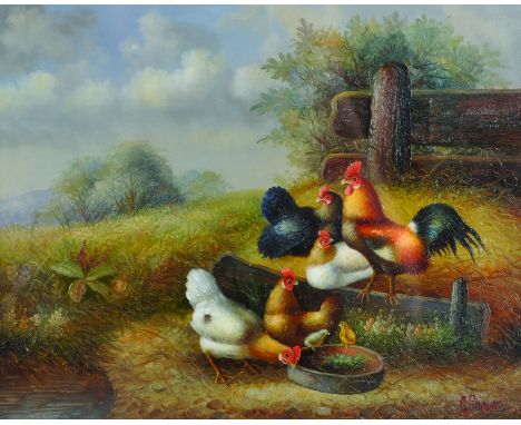 C… Shayer (20th Century).Chickens Feeding in a Landscape, Oil on Panel, Signed, 8” x 10”.  