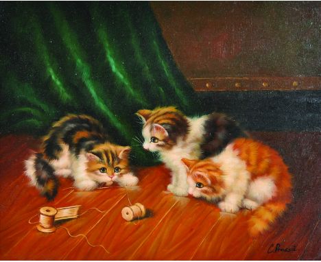 C… Prossit (20th Century).Kittens Playing with a Roll of Cotton, Oil on Panel, Signed, 8” x 10”.  