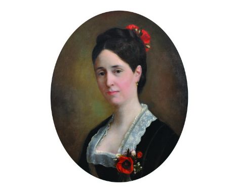 School of Jean Marie Constantin Joseph Van Beers (1852-1927) Belgian.Portrait of a Lady in a Black Dress with a White Collar,