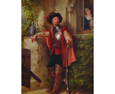Robert Alexander Hillingford (1828-1904) British.“Danger & Discipline”, a Costumed Man by a Window, looking at a Girl in the 