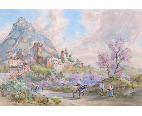 Conrad H… R… Corelli (1869-   ) British/Italian.An Italianate Landscape with Figures, a Hilltop Town Beyond, Watercolour, Sig
