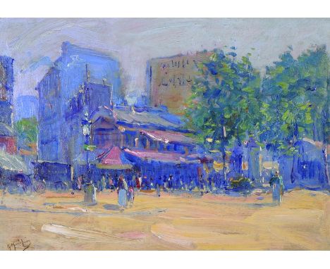 Gustave Madelain (1867-1944) French.A Street Scene with Figures, Oil on Panel, Signed, 9.5” x 13”.  