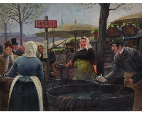 Fritz Steinmetz-Noris (1860-1937) German.‘Cibler’, a Paris Fish Market, with vast tanks of live fish, Oil on Panel, Signed, U
