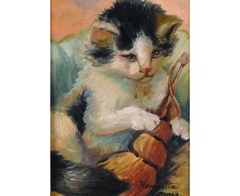 After Henriette Ronner-Knip (1821-1909) Dutch.A Kitten Playing, Oil on Panel, Bears a Signature, 6.75” x 4.5”.  