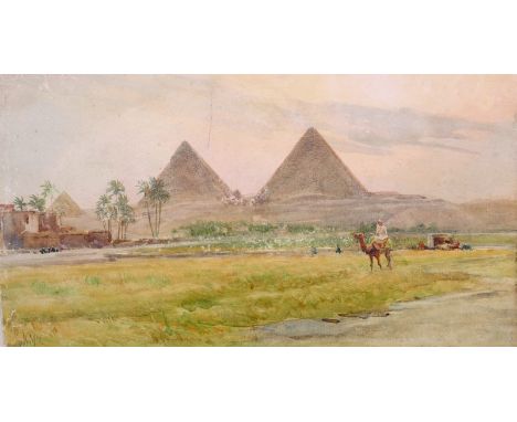 K… McC… (19th – 20th Century) British.An Arabian Scene, with a Figure on a Camel, and Pyramids Beyond, Watercolour, Signed wi