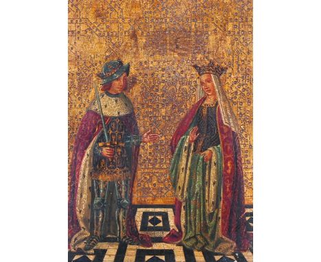 19th Century English School.A Medieval Marriage Portrait, Oil on a Gold Ground Panel, in a Temple Frame, 11.75” x 8.5”.  