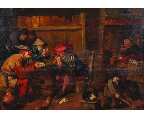 Manner of David Teniers (1610-1690) Dutch.Interior of a Tavern, with Men Playing Cards on a Mussel Barrel, Oil on Panel, 11.2