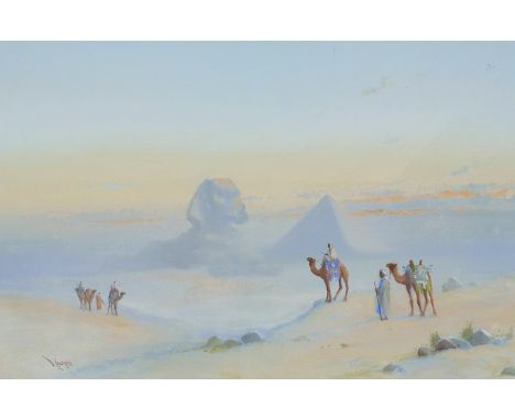 R… Cooper (19th – 20th Century) British.Arab Figures on Camels, the Sphinx Beyond, Watercolour and Gouache, Signed, 14” x 20.