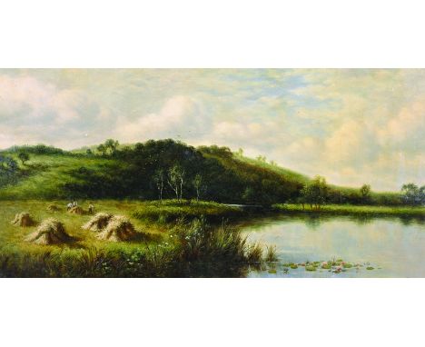 20th Century English School.A Tranquil River Landscape, with Figures Harvesting, Oil on Panel, Unframed, 10” x 20”, and the c