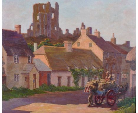 Osmond Hick Bissell (1906-   ) British.“Evening Sunlight, Corfe Castle”, with Figures Unloading a Horse and Cart, Oil on Pane