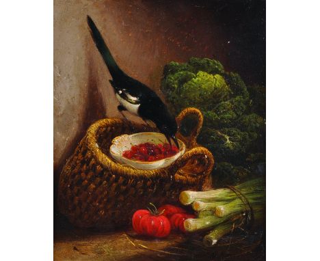 Henriette Ronner-Knip (1821-1909) Dutch.A Magpie Stealing Cherries from a Basket, with Tomatoes Leeks and Cabbage beside, Oil
