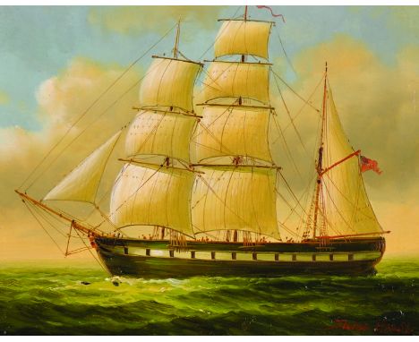James Hardy (20th Century).A Ship in Full Sail, Oil on Panel, Signed, 8” x 10”.  